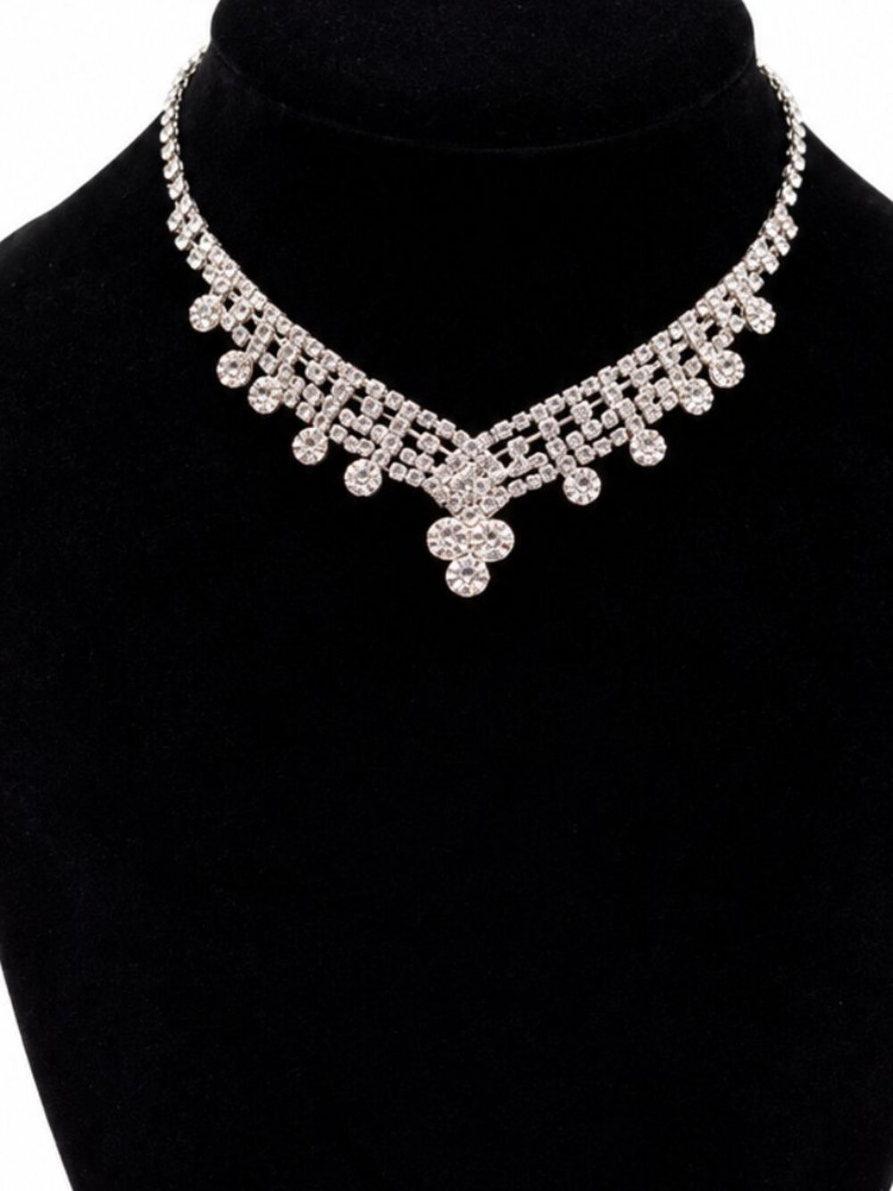 Silver Tone Rhinestone Bib Choker Necklace Art Deco Style